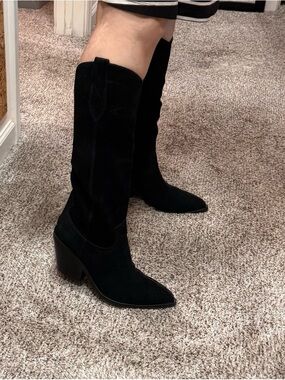 Nine West Black Suede Knee-High Western Boots - Women